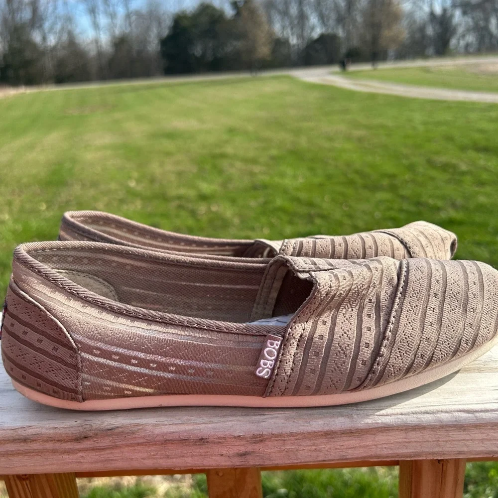 Bobs By Skechers Women Sz 9 M Brown Nude Flat Fabric Shoes Comfort Shoe - Picture 5 of 11